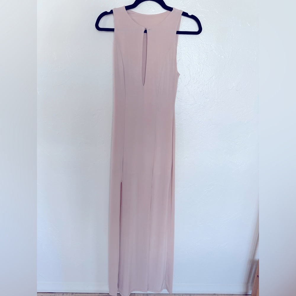 Sexy nude dress with cleavage slit and front leg slits